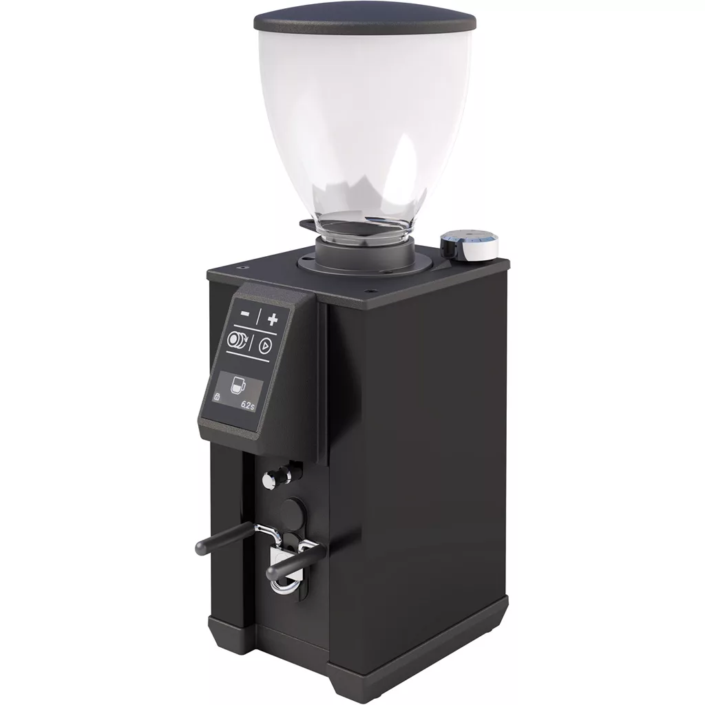 A modern black coffee grinder, the Macap Leo 55 features a transparent bean hopper, digital display, and control buttons on the front. This espresso coffee grinder includes a dispensing spout and an adjustment knob on the side. © 2025 1st-line.com