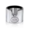 A stainless steel espresso knock box with a circular opening and ECM logo, designed for used coffee grounds. Complements the ECM 89429 Aluminum Espresso Tamper Station for a streamlined coffee setup. © 2025 1st-line.com