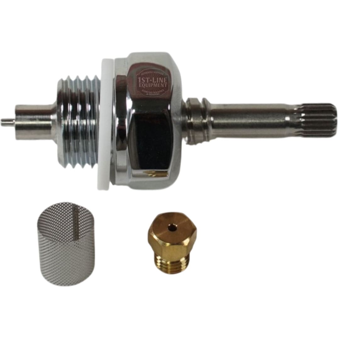 Bezzera 5900573 Black Knob Flow Control Kit V1 & V2 water inlet valve assembly features a metal mesh filter, brass fitting, and metal valve. Shown on a white background. Compatible with both V1 and V2 kits. © 2025 1st-line.com