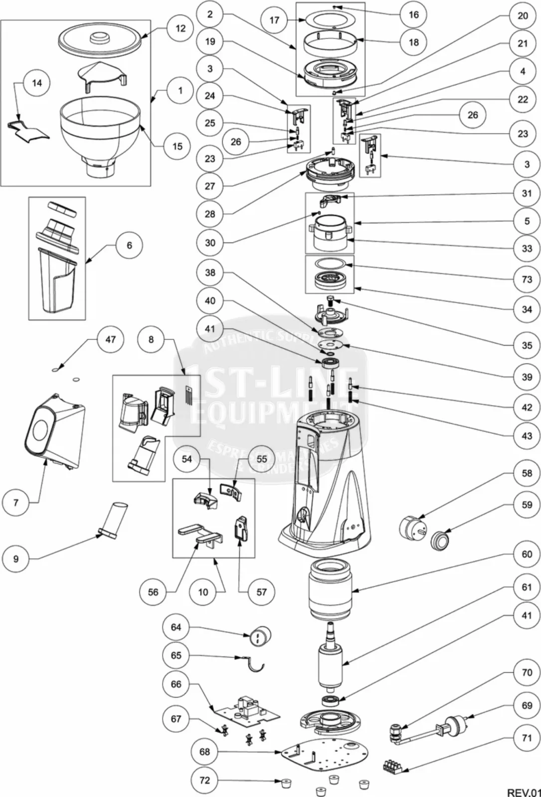 Exploded Parts Diagram of a Fiorenzato All Ground coffee grinder, showing individual parts like the hopper, burrs, housing, switches, screws, and more—each labeled with a number for easy identification and assembly. © 2025 1st-line.com