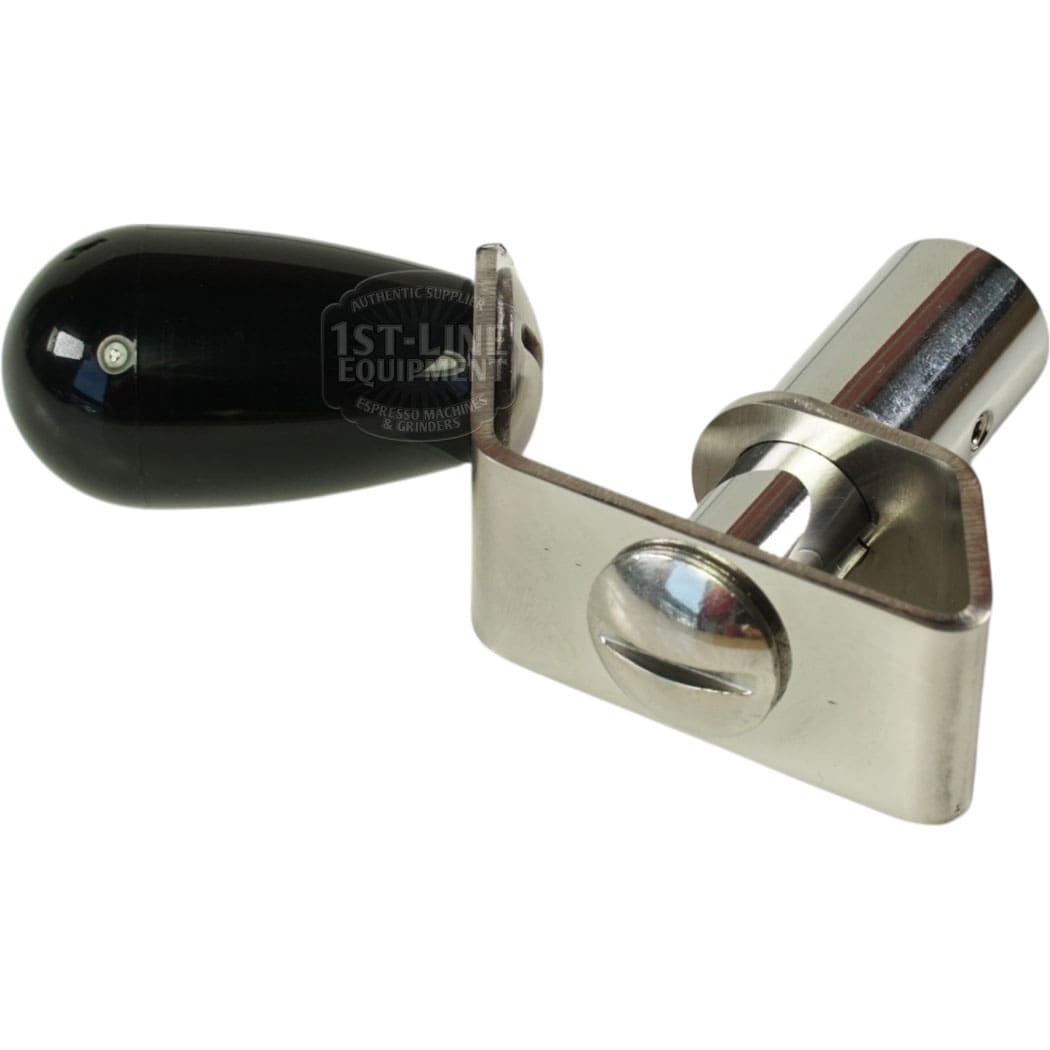 The Bezzera 5900573 Black Knob Flow Control Kit V1 & V2, shown against a white background, is a stainless steel espresso portafilter with a black handle and flat metal base for use with compatible espresso machines. © 2025 1st-line.com