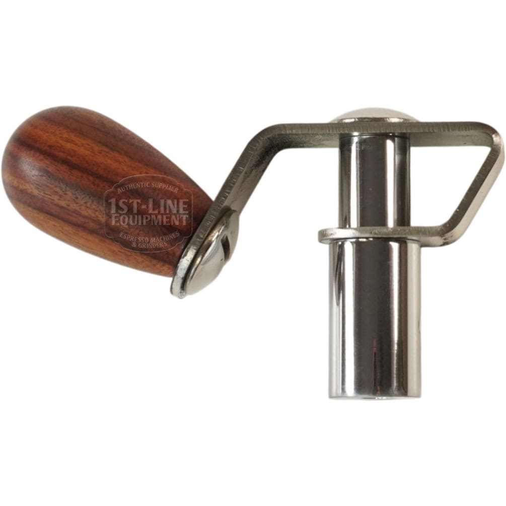 The Bezzera 5900574 Wood Knob Flow Control Kit V1 & V2 features a metal, cylindrical espresso portafilter dosing tool with a wood knob handle for even coffee ground distribution—perfect for upgrading your setup. © 2025 1st-line.com