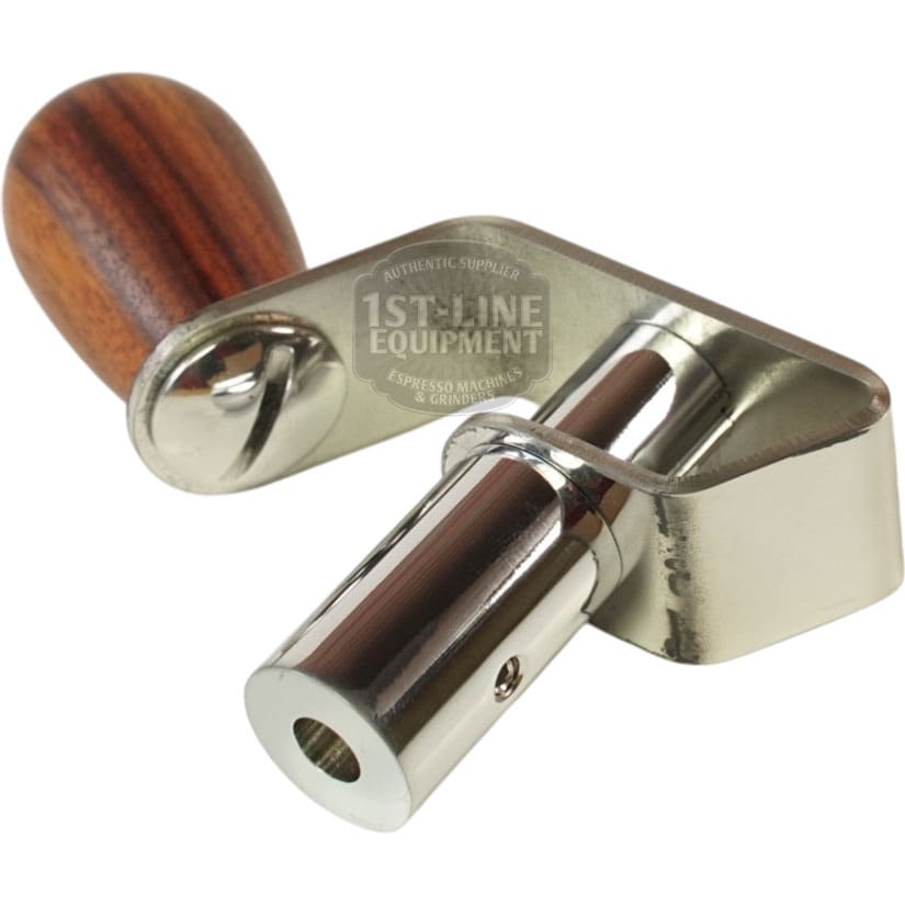 The Bezzera 5900574 Wood Knob Flow Control Kit V1 & V2 is a metal portafilter handle with a wood knob grip, designed to securely attach and hold Bezzera portafilters for cleaning or maintenance. © 2025 1st-line.com