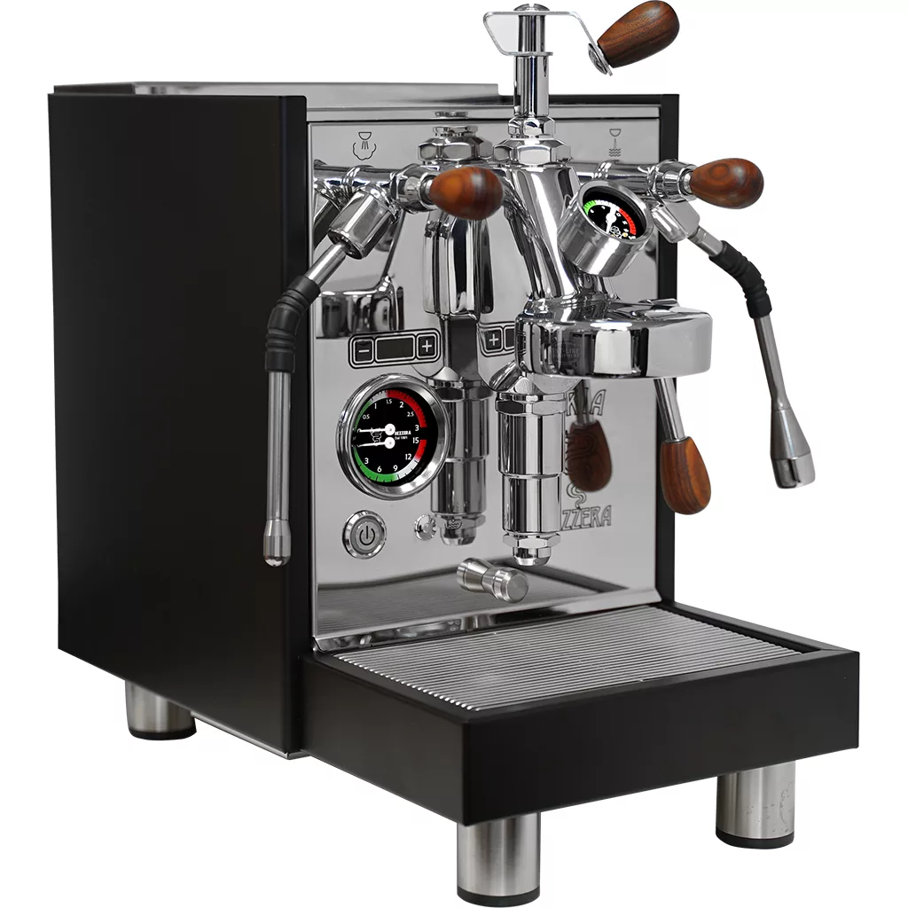 The Bezzera Aria HX Special Edition Espresso Machine w/ Flow Control features a modern black-and-chrome look, wooden handles, dual pressure gauges, steam and hot water wands, and a convenient drip tray for a professional appearance. © 2025 1st-line.com