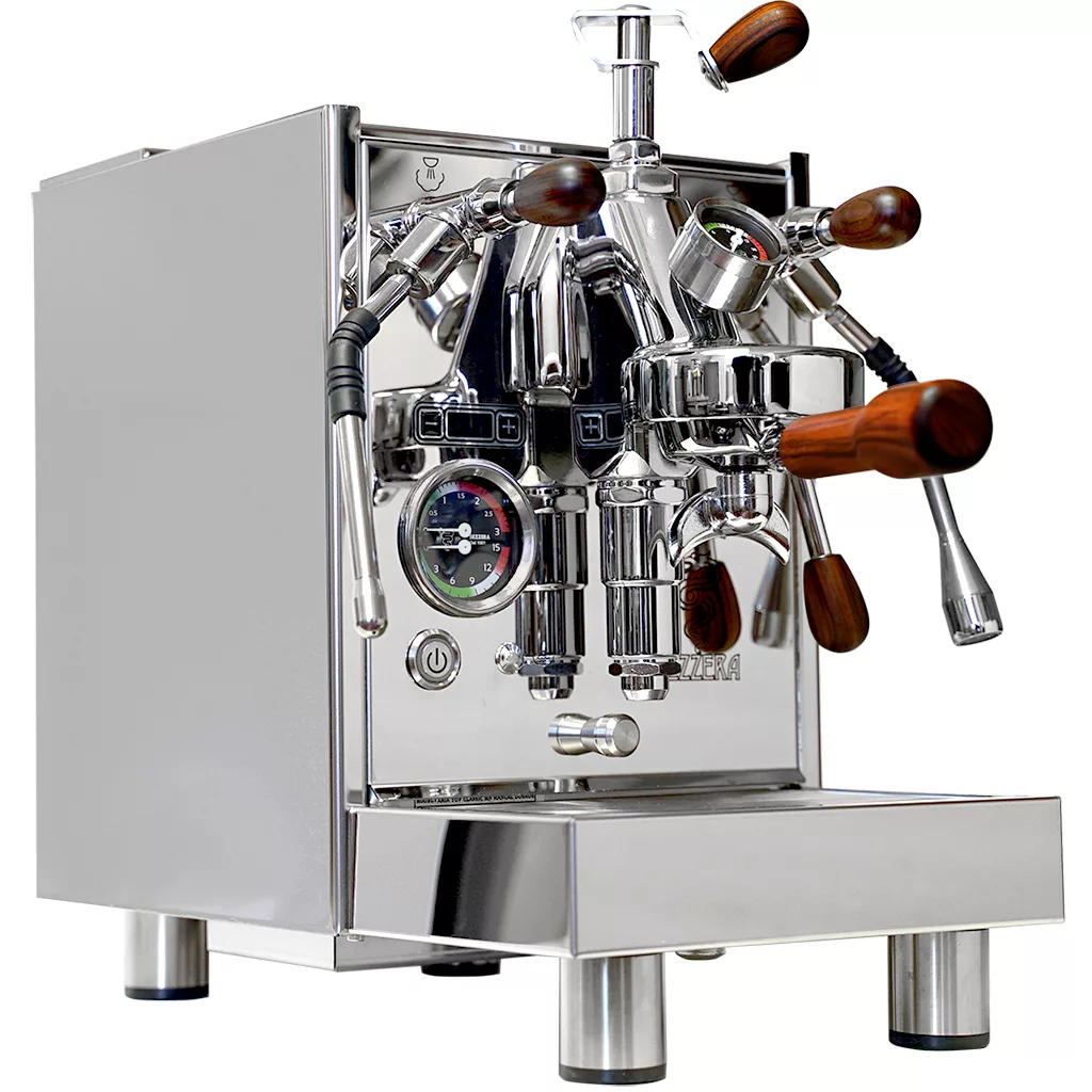 The Bezzera Aria HX Special Edition Espresso Machine w/ Flow Control features a polished stainless steel body, wooden-handled levers, flow control gauges, steam wands, metallic feet, and a sleek modern design. © 2025 1st-line.com