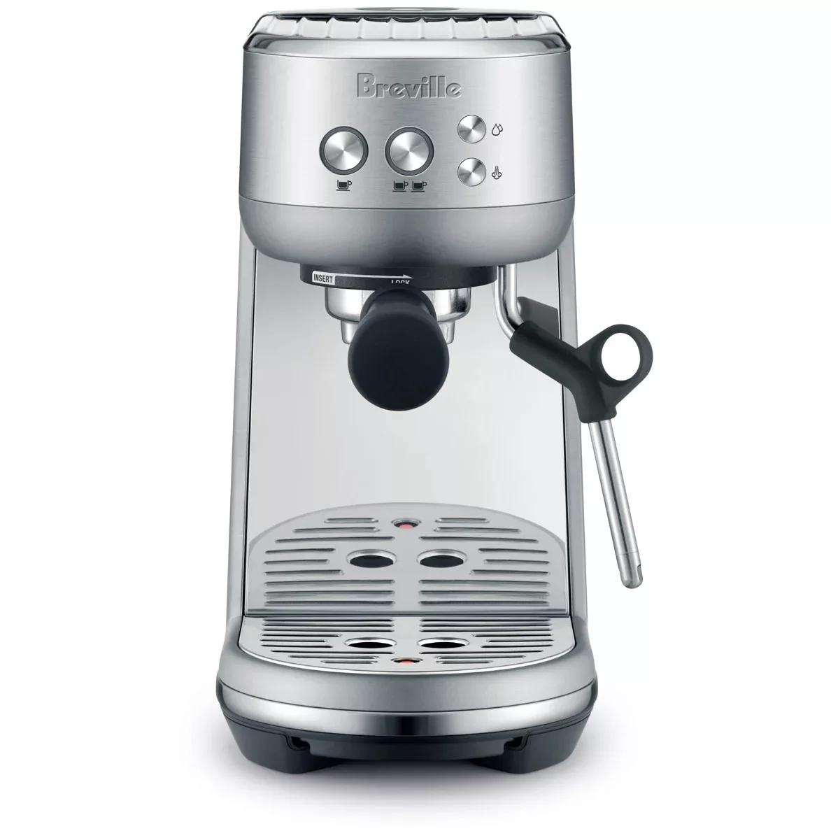 The Breville Bambino™ Espresso Machine in silver, featuring a steam wand, drip tray, control buttons, and portafilter holder, is shown from the front against a white background. © 2025 1st-line.com
