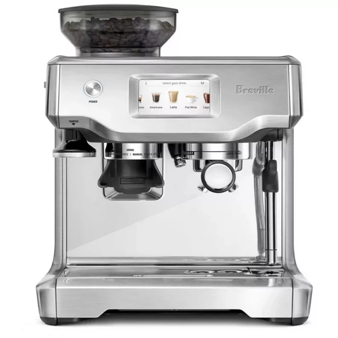 The Breville Barista Touch™ Espresso Machine combines a built-in grinder, touchscreen display, steam wand, and portafilter for easy home espresso, latte, and cappuccino making. © 2025 1st-line.com