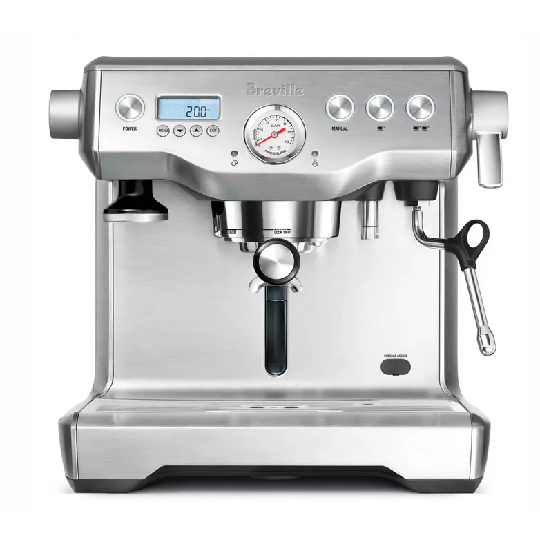 The Breville Dual Boiler™ Espresso Machine features stainless steel construction, LCD display, pressure gauge, knobs, and steam wand—perfect for crafting barista-quality espresso and cappuccino drinks at home. © 2025 1st-line.com