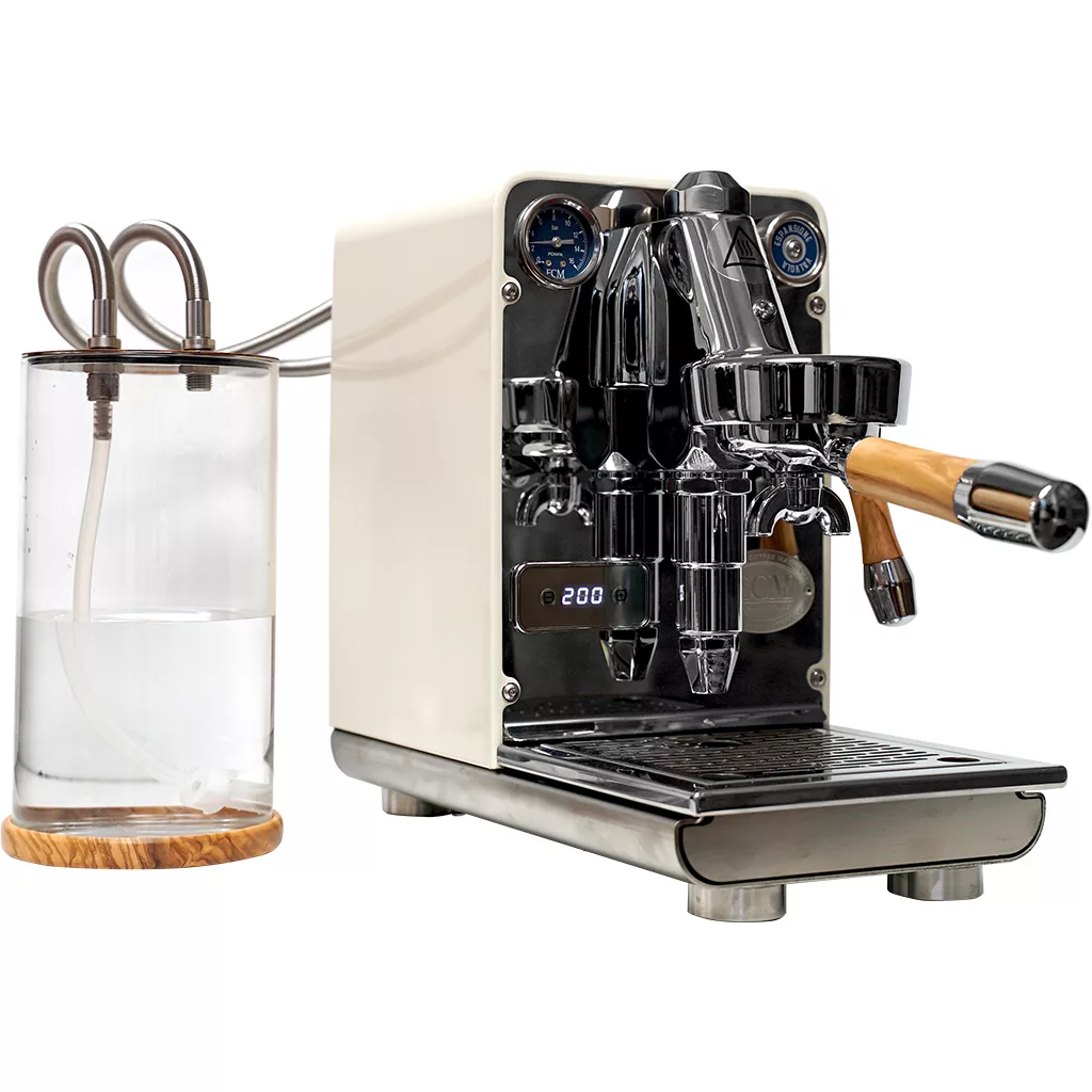 The DISCONTINUED ECM Puristika Espresso Machine has a modern white design with stainless steel accents, a wooden handle portafilter, dual gauges, digital temperature display, and external water reservoir connection via tubes. © 2025 1st-line.com