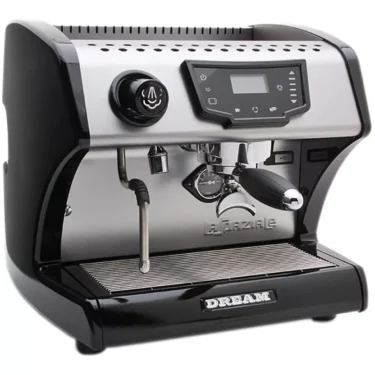 The La Spaziale Dream Dual Boiler Espresso Machine features a digital display, steam wand, DREAM-labeled portafilter, black side panels, and a bottom drip tray for modern espresso brewing. © 2025 1st-line.com