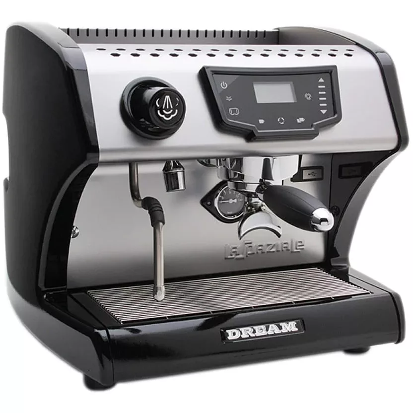 The La Spaziale Dream Dual Boiler Espresso Machine features a digital display, steam wand, DREAM-labeled portafilter, black side panels, and a bottom drip tray for modern espresso brewing. © 2025 1st-line.com