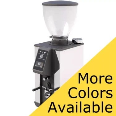 The Macap Leo 55 Espresso Coffee Grinder features a transparent bean hopper and digital display, shown in white. A yellow corner banner states “More Colors Available.”. © 2025 1st-line.com