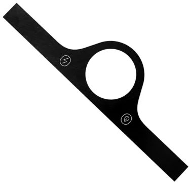 The VBM PANNDISDSANNW Cover for Front Display Cover is a black, flat, L-shaped metal bracket with a large central circular cutout and two small symbols printed near it. © 2025 1st-line.com