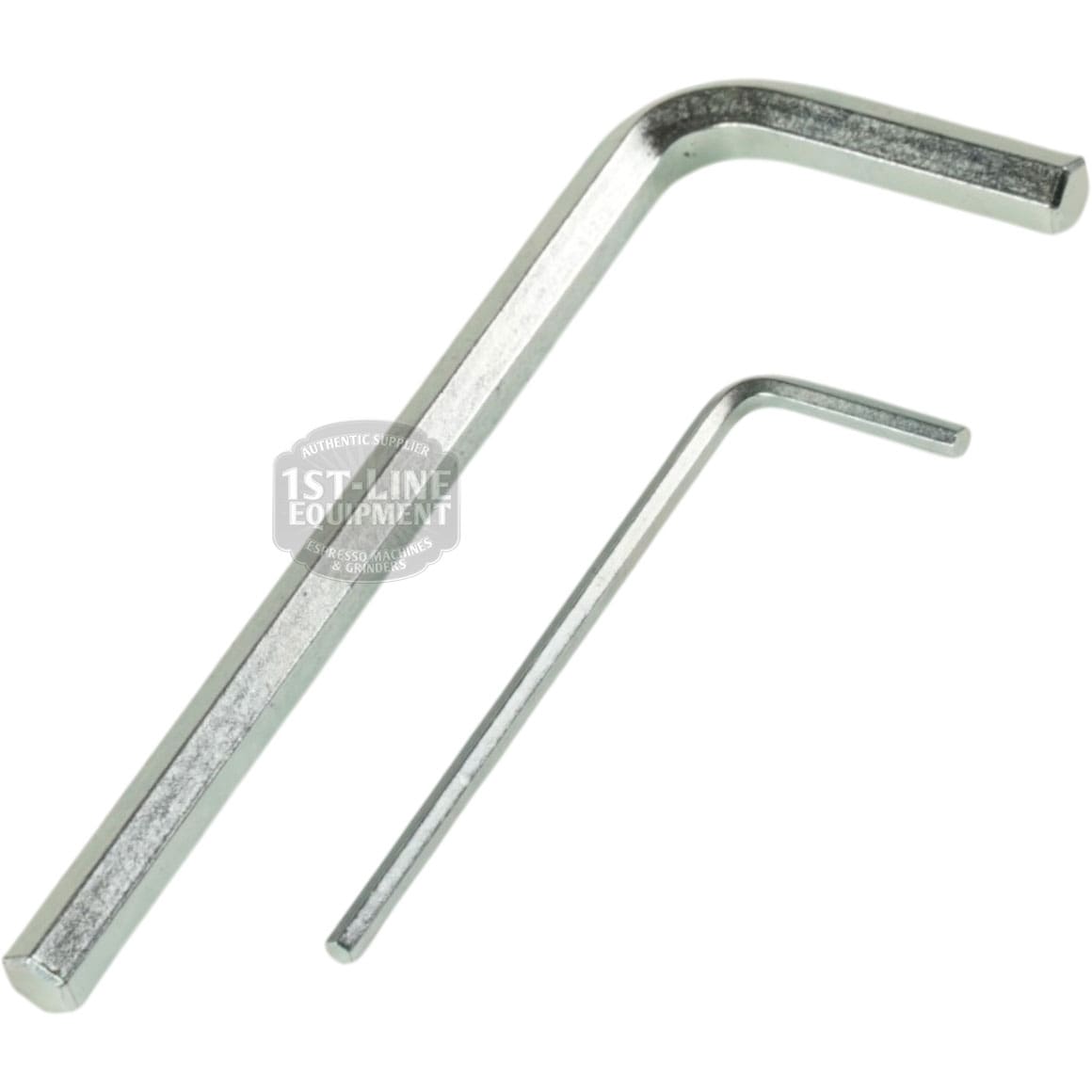 Two metallic L-shaped hex keys of different sizes, part of the Bezzera 5900573 Black Knob Flow Control Kit V1 & V2 for espresso machines, are placed side by side on a white background. © 2025 1st-line.com