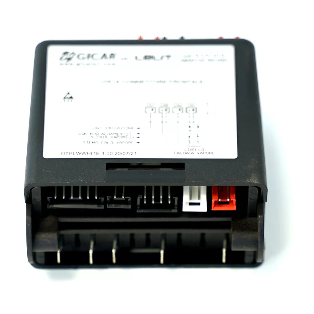 A close-up of a black Lelit 9600125 Brain Unit - Gicar 9.3.01.51G electronic control module with multiple connectors and a white top label displaying technical information and diagrams. © 2025 1st-line.com