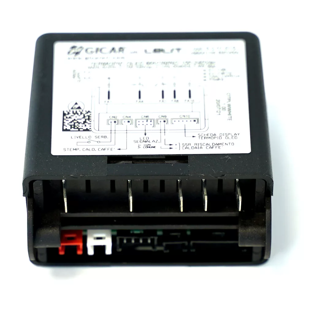 A close-up of the Lelit 9600125 Brain Unit (Gicar 9.3.01.51G) shows red and white connectors, exposed metal pins, and a labeled pin diagram on top—essential for coffee machine automation systems. © 2025 1st-line.com