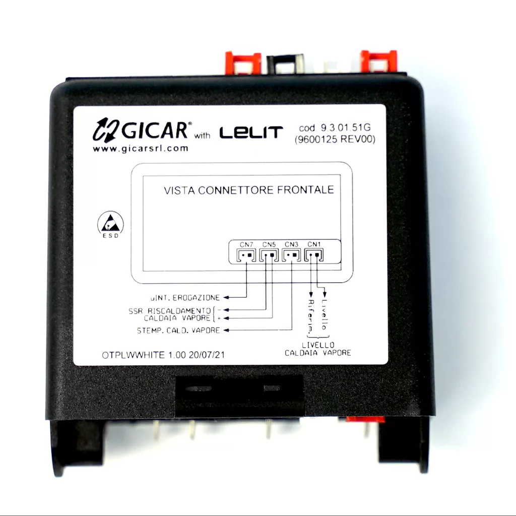 A Lelit 9600125 Brain Unit - Gicar 9.3.01.51G in black, features labeled connection points and a wiring diagram on its white label, with multiple visible pins and connectors. © 2025 1st-line.com