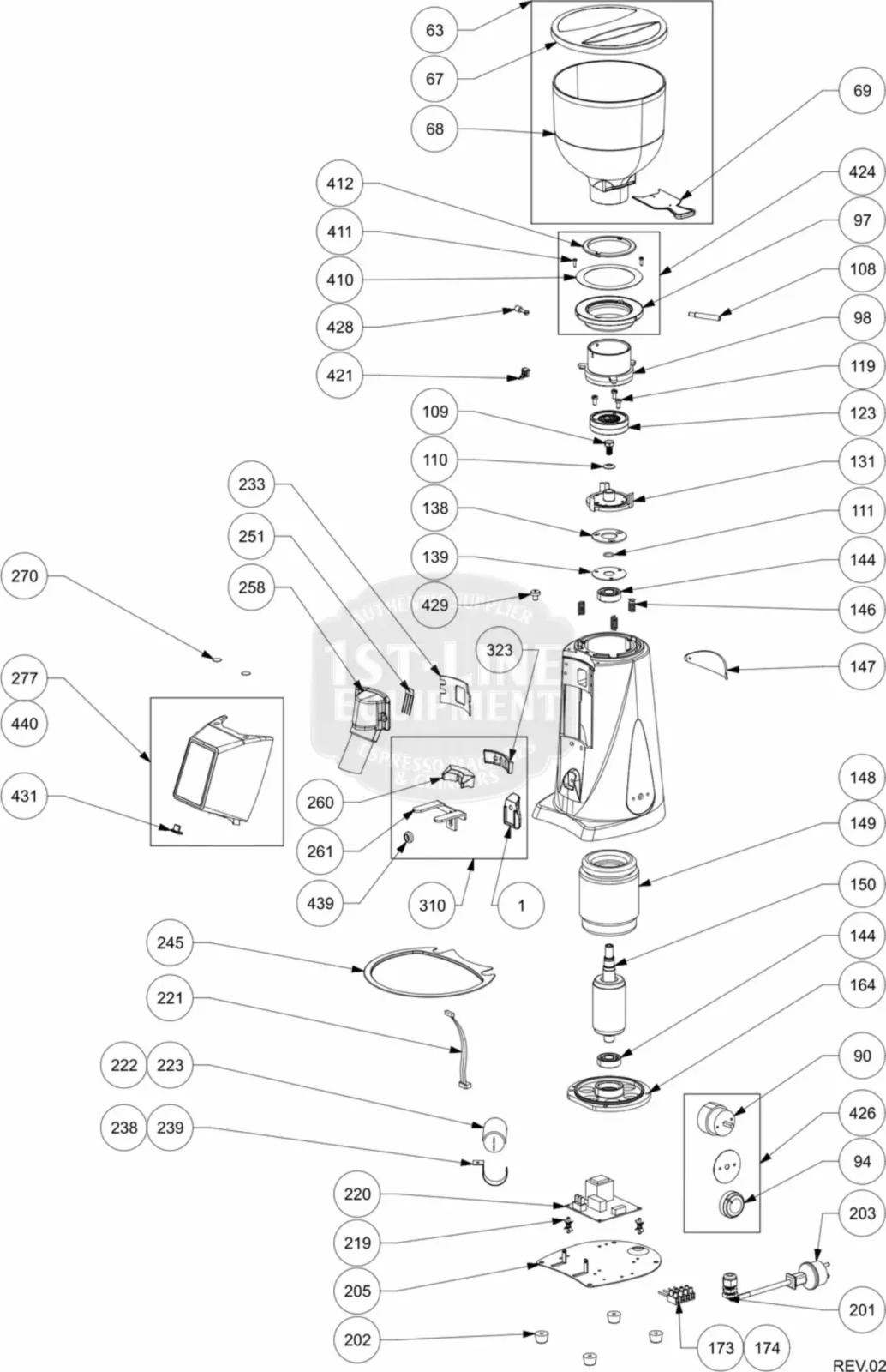 Exploded technical diagram of a blender, showing individual components such as the base, motor, jar, lid, blades, and various screws and seals, each labeled with numbered callouts for assembly reference. © 2025 1st-line.com