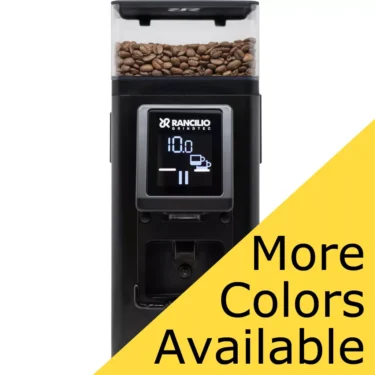 Front view of a black Rancilio Stile Espresso Coffee Grinder filled with coffee beans, featuring a digital display showing settings. Yellow banner on the right reads More Colors Available. © 2025 1st-line.com