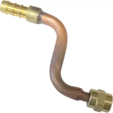 The Elektra 02685011 Solenoid Drain Pipe is a copper, S-shaped drain pipe with a brass fitting on one end and a barbed brass connector on the other, designed for plumbing or HVAC applications. © 2025 1st-line.com