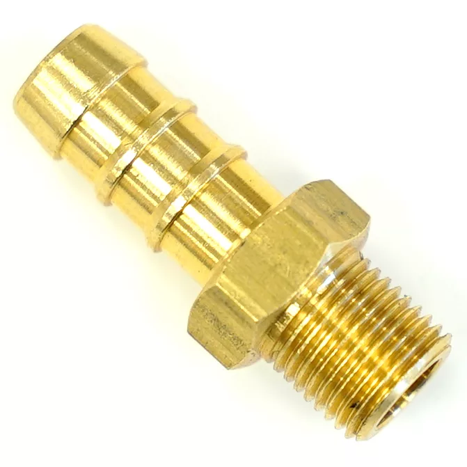The Elektra 03243014 Rubber Pipe Connector 1/8 is a brass fitting with a ridged barb and male thread, ideal for connecting flexible hoses to threaded pipe fittings. © 2025 1st-line.com