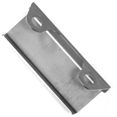 The Elektra 03959007 Splash Guard is a metal razor blade with notched ends and two oval holes, shown diagonally on a white background. This model includes a practical splash guard for enhanced safety. © 2025 1st-line.com