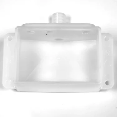 The Elektra 03968014 Drain Box is a clear plastic, rectangular box with an open top, side mounting holes, and a rear hose connector, shown on a white background. It is compatible with Elektra 03968014 espresso machines. © 2025 1st-line.com