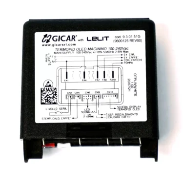 The Lelit 9600125 Brain Unit (Gicar 9.3.01.51G) is a black electronic module with a wiring diagram, technical specs, and connector ports at the bottom—showing voltage, current, and pin functions for Lelit coffee machines. © 2025 1st-line.com