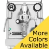 A chrome Rocket Appartamento TCA HX Espresso Machine with two black knobs, a pressure gauge, and a portafilter. A yellow banner in the corner reads More Colors Available in bold black text. © 2025 1st-line.com