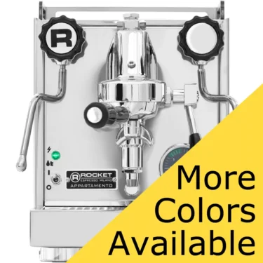 A chrome Rocket Appartamento TCA HX Espresso Machine with two black knobs, a pressure gauge, and a portafilter. A yellow banner in the corner reads More Colors Available in bold black text. © 2025 1st-line.com