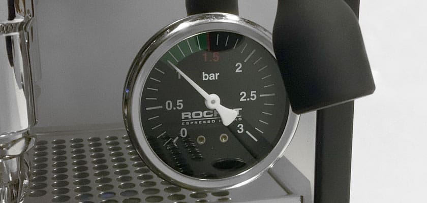 A close-up of a pressure gauge on a Rocket Appartamento TCA HX Espresso Machine, showing 0 to 3 bars. The needle is just below 1.5 bar, with the gauge labeled ROCKET ESPRESSO MILANO. © 2025 1st-line.com