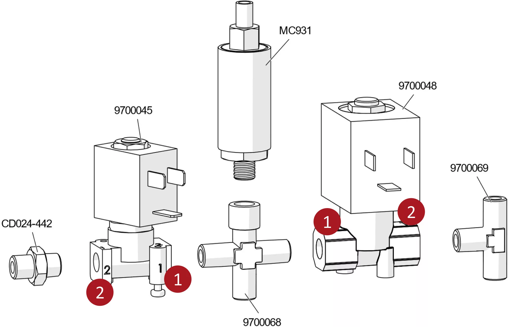 A Parts Diagram displays various solenoid valve parts for the Lelit PL162Tcb Bianca, each labeled with item numbers. Red circles with numbers 1 and 2 highlight connection points for easy identification. © 2025 1st-line.com