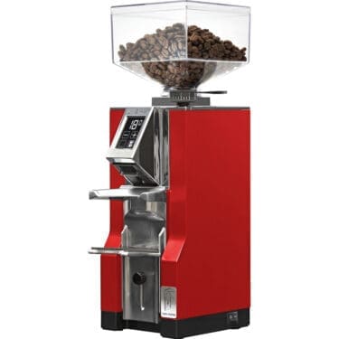 A red Eureka Mignon Libra espresso coffee grinder with a transparent hopper filled with beans, digital display, weight-based grinding, and metallic components for dispensing ground coffee. © 2025 1st-line.com