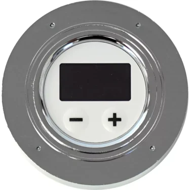A round, silver-framed Lelit 9600148 Elizabeth LCC Display - V3 features a central black screen and two white buttons below, marked minus and plus. © 2025 1st-line.com