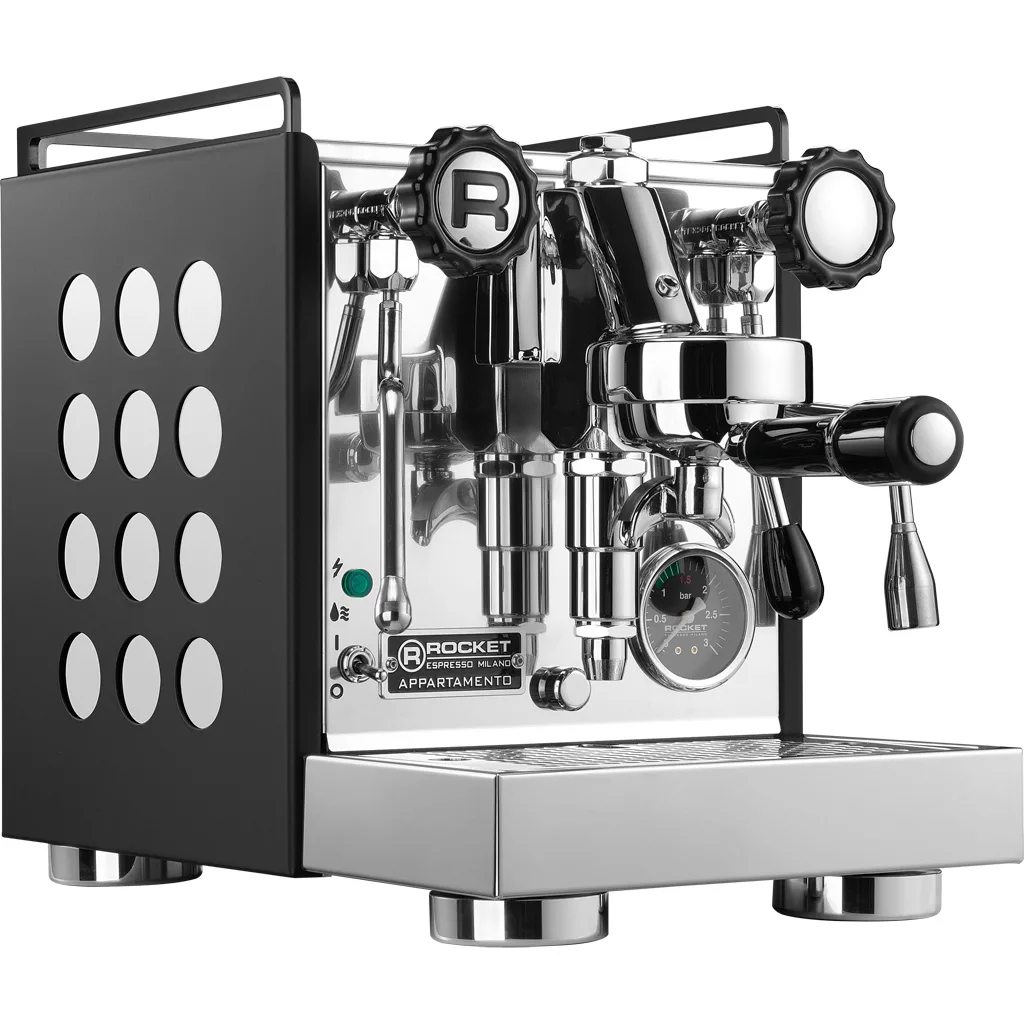 A stainless steel Rocket Appartamento espresso machine with black side panels featuring circular cutouts, control knobs, pressure gauge, and steam wand, is shown on a white background. © 2025 1st-line.com
