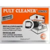 Front packaging of Puly Descaler - 1 box of 10x25g bags, a coffee machine cleaner. The label includes Italian and English text plus illustrations of a kettle and espresso machine—descaler bags for convenience. © 2025 1st-line.com
