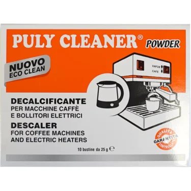 Front packaging of Puly Descaler - 1 box of 10x25g bags, a coffee machine cleaner. The label includes Italian and English text plus illustrations of a kettle and espresso machine—descaler bags for convenience. © 2025 1st-line.com