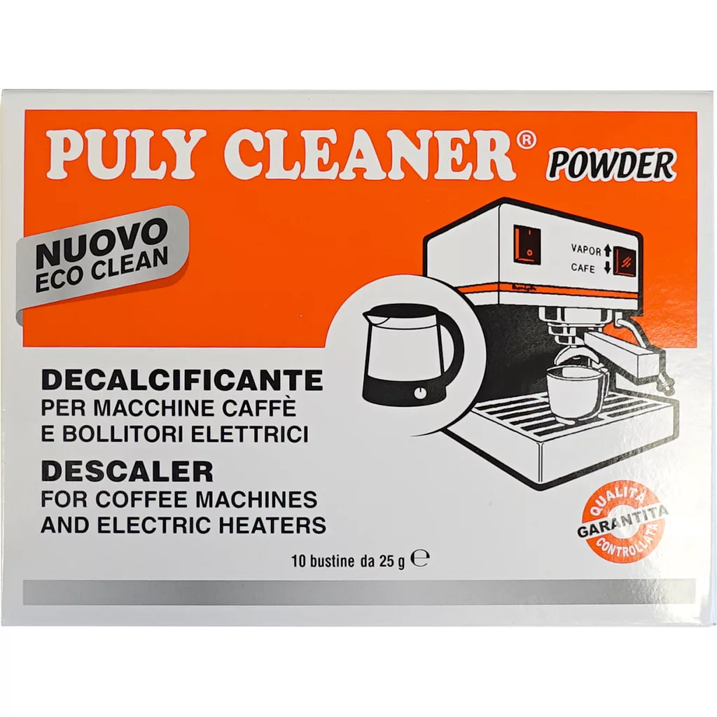 Front packaging of Puly Descaler - 1 box of 10x25g bags, a coffee machine cleaner. The label includes Italian and English text plus illustrations of a kettle and espresso machine—descaler bags for convenience. © 2025 1st-line.com