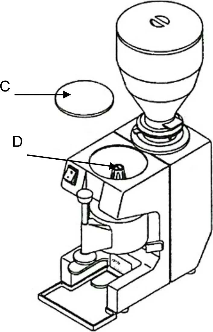 Line drawing from Michael’s Instruction Manual: an electric coffee grinder with labels—C points to the circular lid, and D highlights the grinding chamber beneath the hopper. © 2025 1st-line.com