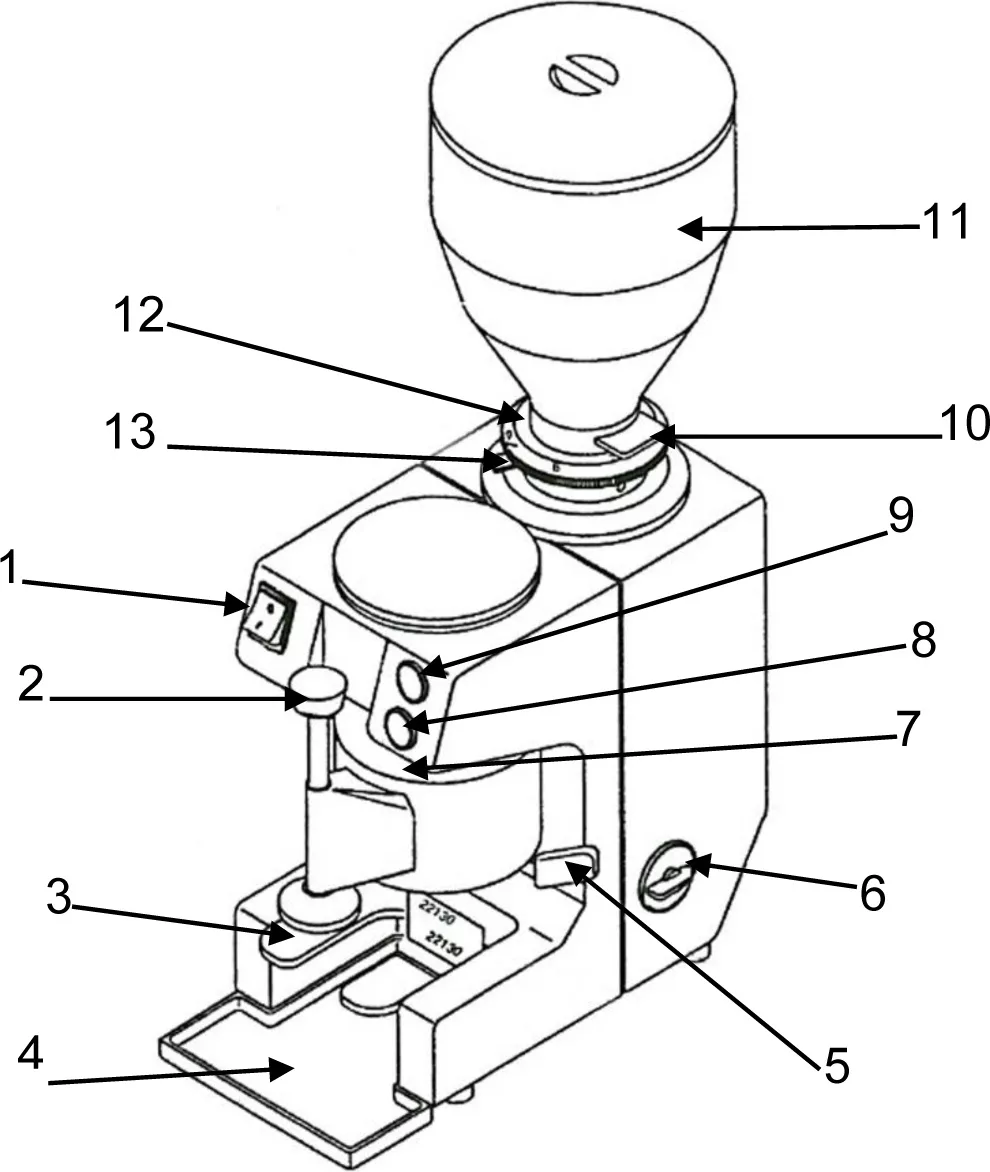 Line drawing of a coffee grinder from Michael’s Instruction Manual, with parts labeled 1–13, including a bean hopper at the top, grinding controls, dispenser spout, base tray, and various switches and adjustment knobs. © 2025 1st-line.com