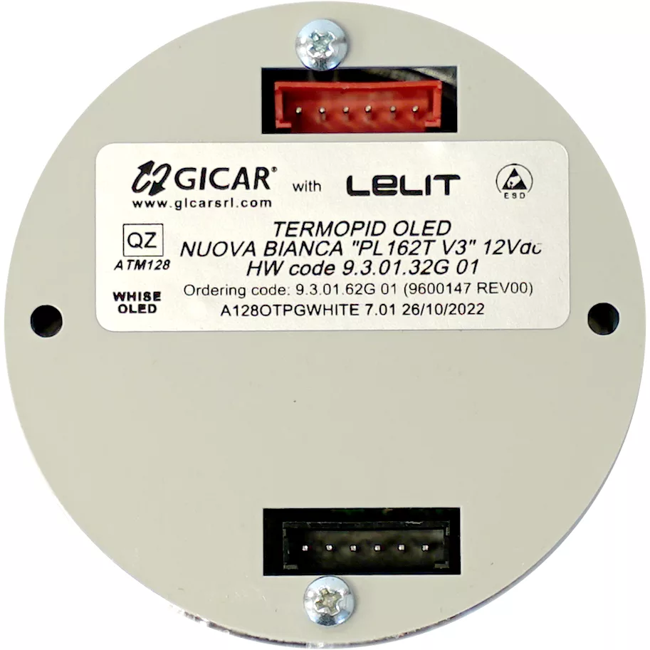 Round electronic component labeled “GICAR with LELIT” for the Lelit 9600148 Elizabeth LCC Display - V3 features red and black connectors, multiple screws, and printed details—compatible with models using the LCC Display. © 2025 1st-line.com