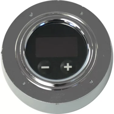 The Lelit 9600148 Elizabeth LCC Display - V3 is a round, metallic device with an LCC display and two buttons (minus and plus) for adjusting settings—perfect for the V3 Lelit Elizabeth. © 2025 1st-line.com