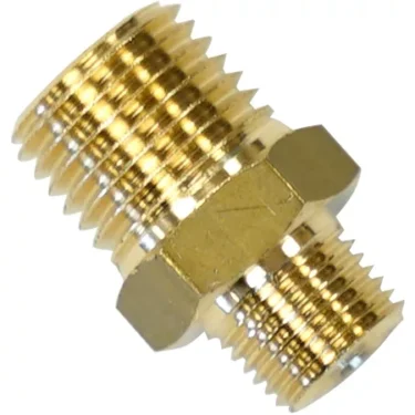 The Lelit 9700040 Nipple Fitting features male threads on both ends and a hex center for wrench tightening, designed for compatibility with Lelit machines. © 2025 1st-line.com