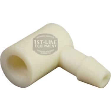 The Lelit MC017 Rubber Connection is a white plastic L-shaped connector with a cylindrical body and tapered nozzle, shown on a plain background. The 1st-Line Equipment logo appears on the product. © 2025 1st-line.com