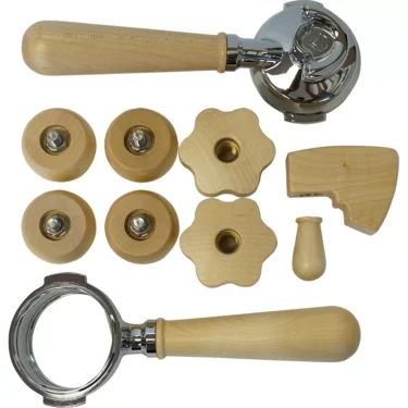 The Lelit PLA2204 Maple Wood Kit and other wooden and metal espresso machine handles, portafilter handles, round knobs, star knobs, and replacement parts are neatly arranged on a white background. © 2025 1st-line.com