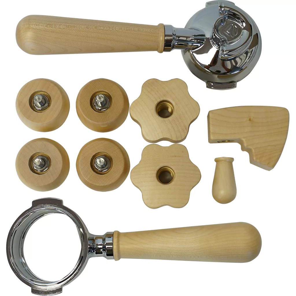 The Lelit PLA2204 Maple Wood Kit and other wooden and metal espresso machine handles, portafilter handles, round knobs, star knobs, and replacement parts are neatly arranged on a white background. © 2025 1st-line.com