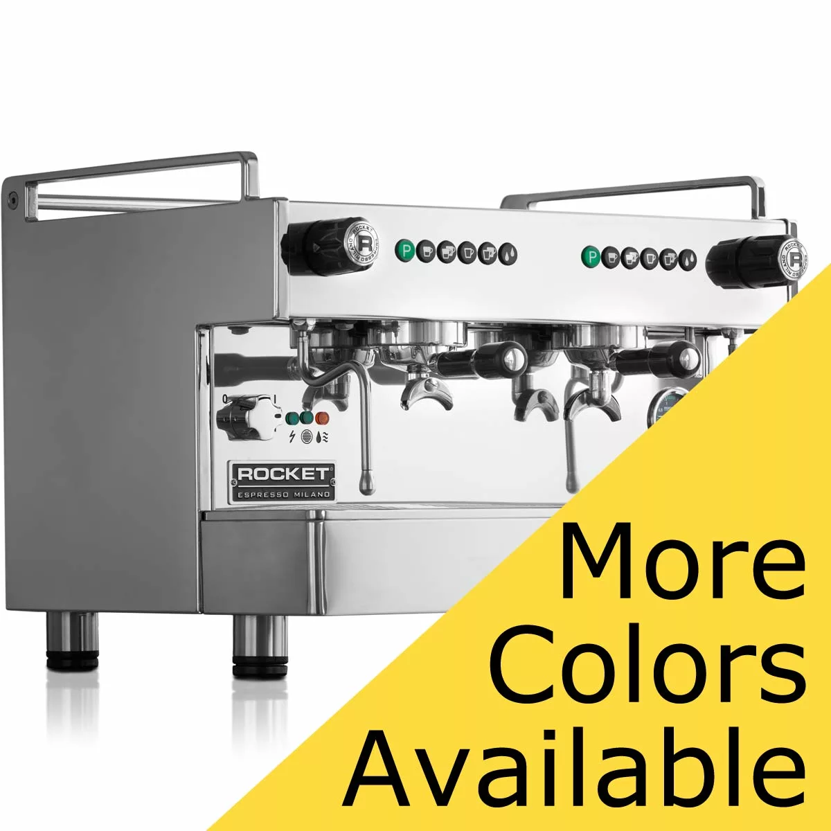 The OPEN BOX - Rocket Boxer 2 Group HP 220V Commercial Espresso Machine, featuring a shiny stainless steel design, is shown. A yellow banner at the bottom right corner reads, More Colors Available. © 2025 1st-line.com