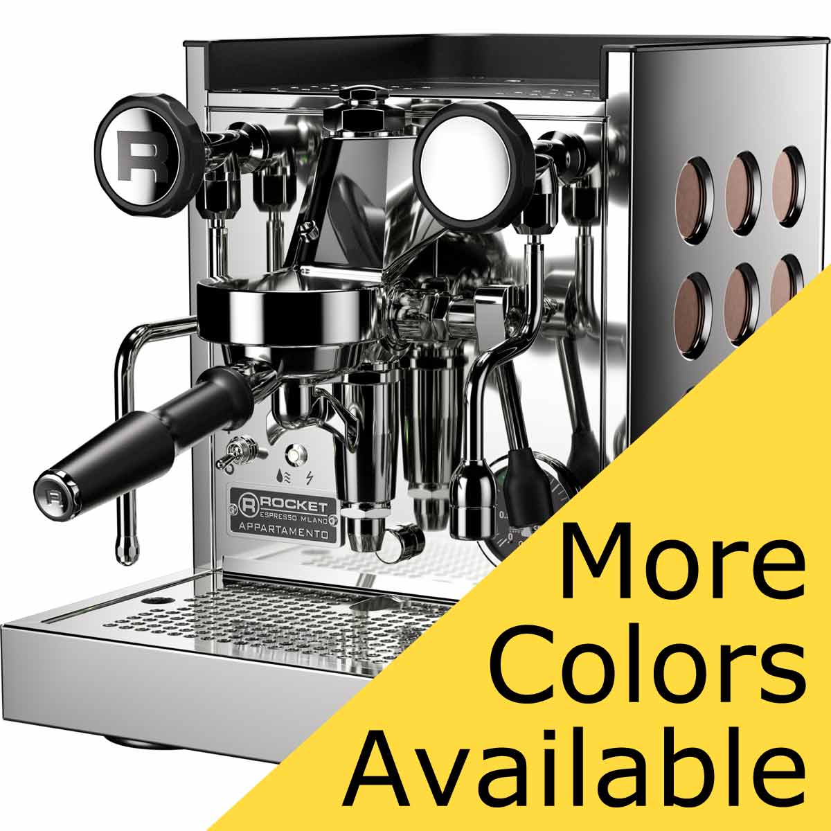 The Rocket Appartamento TCA HX Espresso Machine, made of shiny stainless steel with a portafilter and steam wand, is shown at an angle. A yellow overlay in the corner reads More Colors Available in black text. © 2025 1st-line.com