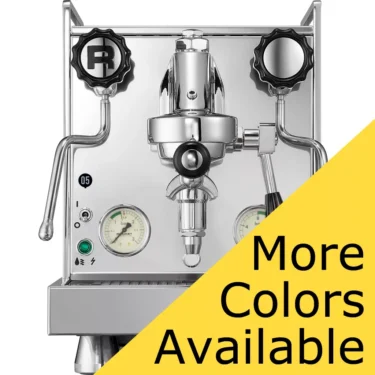 The Rocket Mozzafiato Cronometro Type V HX Espresso Machine, featuring dials and knobs, is displayed against a white background. A yellow diagonal banner states, “More Colors Available.”. © 2025 1st-line.com