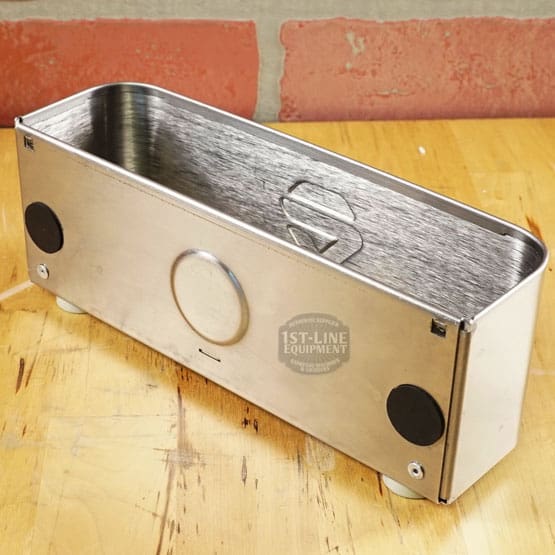 The SIDEWALK SALE - Lelit PLA360M Knock Box Drawer (E208) is a rectangular stainless steel espresso accessory with rubber feet and black circular side pads, ideal for any coffee setup. © 2025 1st-line.com